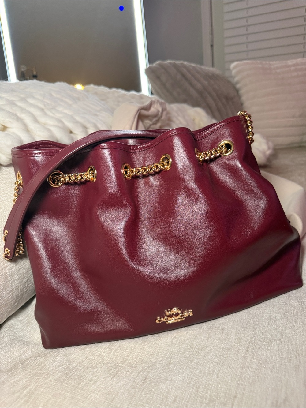 Coach Burgundy Leather Drawstring Shoulder Bag w Gold Chain dust bag included